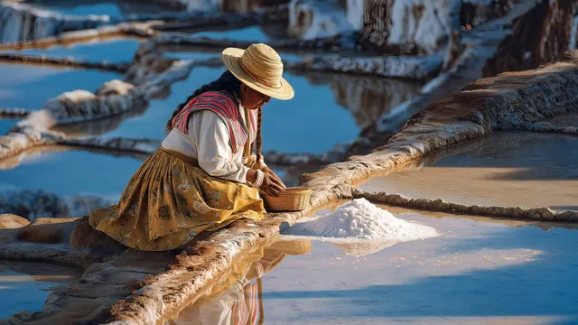 Mujer andina trabajando la sal en las Salineras de Maras